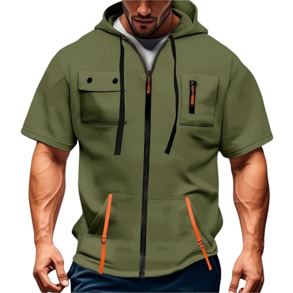Curuila Mens Hoodies With Pocket Zip Up Short Sleeve Hooded Solid Color Sweatshirt For Men Summer Fashionable Tops Army Green Size L