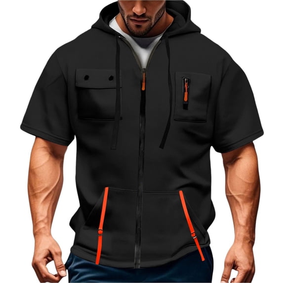 Curuila Mens Hoodies With Pocket Zip Up Short Sleeve Hooded Solid Color Sweatshirt For Men Summer Fashionable Tops Black Size 2Xl