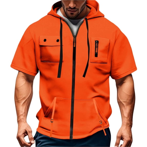 Curuila Mens Hoodies With Pocket Zip Up Short Sleeve Hooded Solid Color Sweatshirt For Men Summer Fashionable Tops Orange Size L