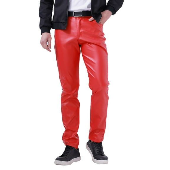 Curuila Mens Leather Pants Slim Fitting Solid Color Comfortable Casual Long Trousers With Pocket Red Size M