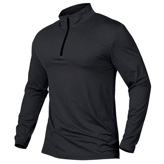 Curuila Mens Shirt Sport Slim Fit Solid Color Pullover With Zipper High Neck Long Sleeve T Shirt Comfortable Outdoor Sweatshirt Black Size S