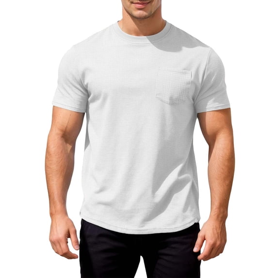 Curuila Mens T Shirt Casual Loose Fit Breathable Pocket Short Sleeve Crew Neck Solid Color Summer Tops White Size M