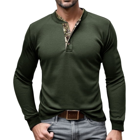 Curuila Mens T Shirt Long Sleeve Solid Color Crew Neck Button Down Pullover For Men Autumn Winter Soft Casual Tops Army Green Size L