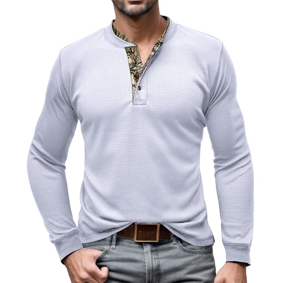 Curuila Mens T Shirt Long Sleeve Solid Color Crew Neck Button Down Pullover For Men Autumn Winter Soft Casual Tops White Size L