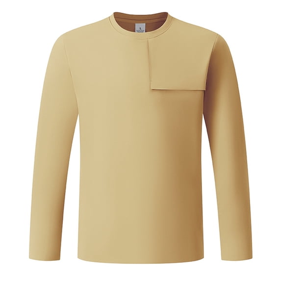 Curuila Mens T-Shirt Long Sleeve Solid Color Crew Neck Pullover For Men Spring Autumn Comfortable Tops Khaki Size 4Xl