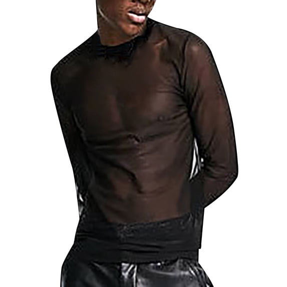 Curuila Mens T-Shirt Long Sleeve Solid Color Mesh Crew Neck Pullover For Men Performance Fashionable Tops Black Size L