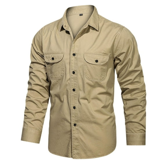 Curuila Mens T Shirt Solid Color Pocket Lapel Long Sleeve Button Down Fashion Comfort Tee Khaki Size 2Xl