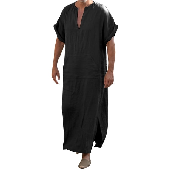 Curuila Mens T Shirt Solid Color V Neck Short Sleeve Robe Fashionable Soft Tee Black Size M