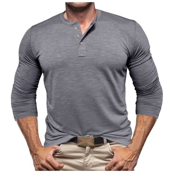 Curuila Mens T-Shirts Long Sleeve Solid Color Crew Neck Button Down Pullover For Men Spring Autumn Casual Tops Grey Size S