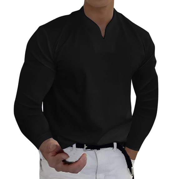 Curuila Mens T-Shirts Long Sleeve Solid Color V Neck Pullover For Men Loose Fit Comfort Tops Black Size L