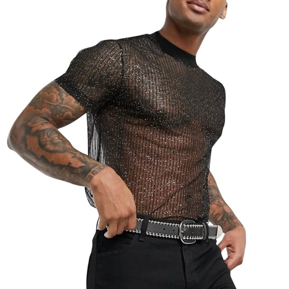 Curuila Mens Tshirt Short Sleeve Solid Color Mesh Crew Neck Pullover For Men Performance Fashionable Tops Black Size L