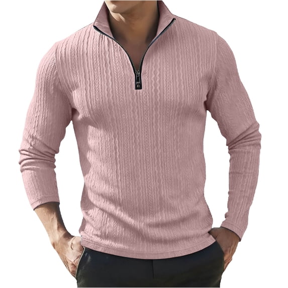 Curuila Mens Tshirts Long Sleeve Solid Color Stand Collar Half Zip Pullover For Men Slim Fit Casual Tops Pink Size 2Xl