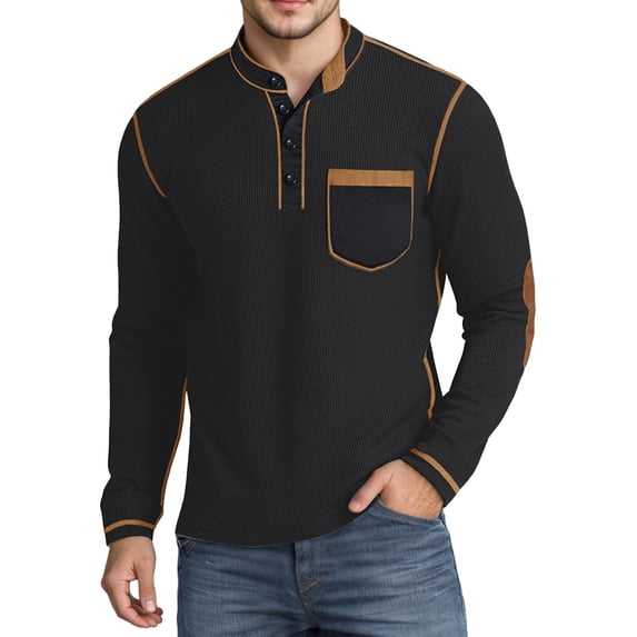 Curuila Mens Tshirts With Pocket Long Sleeve Solid Color Crew Neck Button Down Pullover For Men Autumn Winter Fashion Tops Black Size L