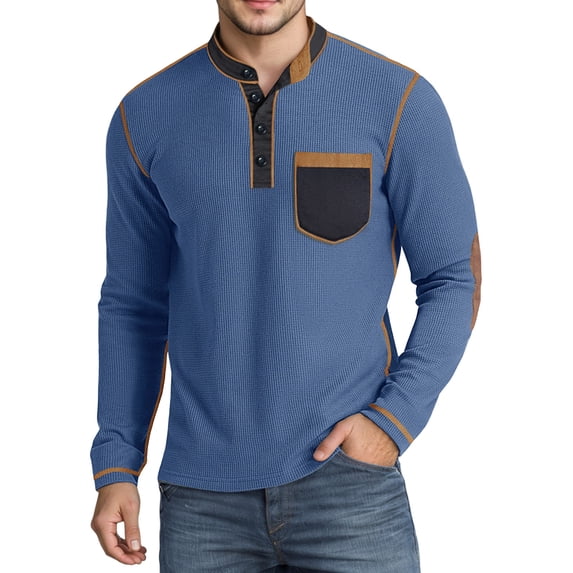 Curuila Mens Tshirts With Pocket Long Sleeve Solid Color Crew Neck Button Down Pullover For Men Autumn Winter Fashion Tops Blue Size M