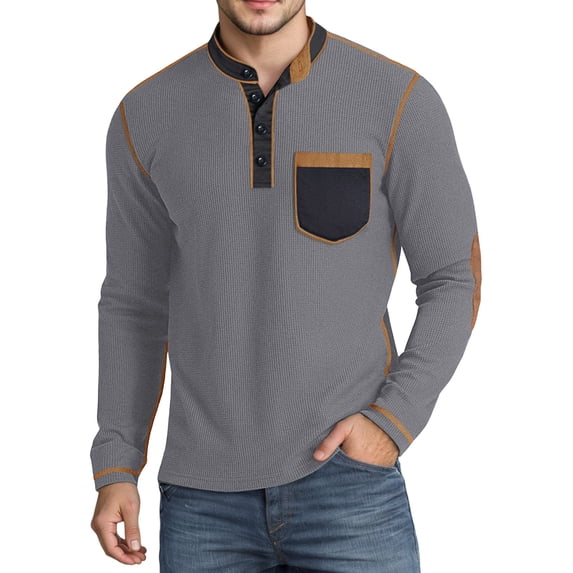 Curuila Mens Tshirts With Pocket Long Sleeve Solid Color Crew Neck Button Down Pullover For Men Autumn Winter Fashion Tops Dark Gray Size 3Xl