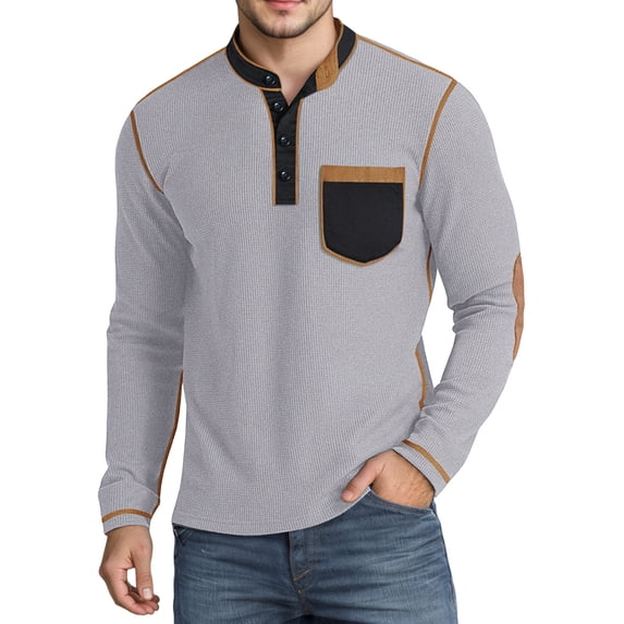 Curuila Mens Tshirts With Pocket Long Sleeve Solid Color Crew Neck Button Down Pullover For Men Autumn Winter Fashion Tops Light Gray Size L