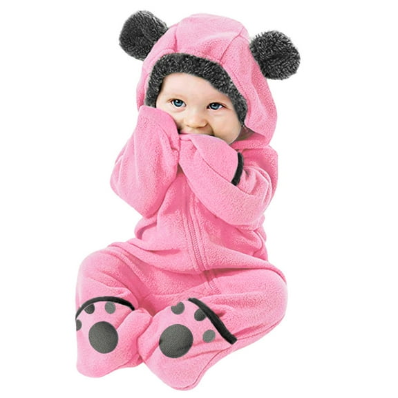 Curuila Newborn Boys Girls Coat Long Sleeve Solid Outwear Jumpsuit Warm Hooded Long Jacket With Zipper Pink Size 18-24 Months