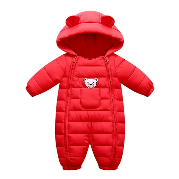 Curuila Newborn Boys Girls Coat Long Sleeve Solid Outwear Jumpsuit Warm Hooded Long Jacket With Zipper Red Size 6-12 Months