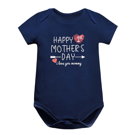 Curuila Newborn Girls Romper Short Sleeve Crew Neck Letter Print Bodysuit For Summer Fashionable Jumpsuit Navy Size 9-12 Months