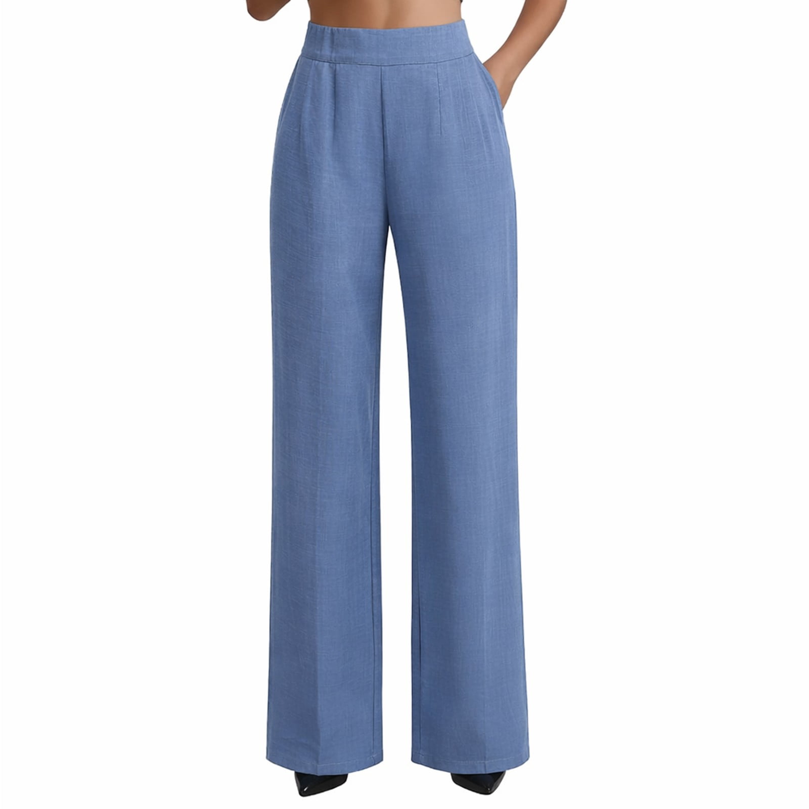 Curuila Pants For Women Elastic Waist Solid Color Wide Leg Relaxed Fit ...