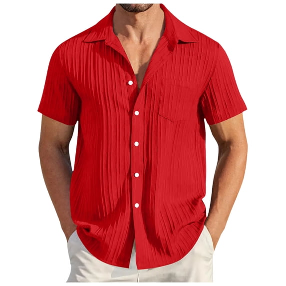 Curuila Shirts For Men Solid Color Short Sleeve Summer Lapel Button Down Comfort Casual Tee Red Size 3Xl