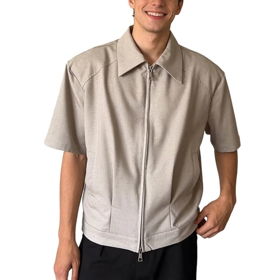 Curuila Shirts For Men Solid Color Spring Summer Lapel Short Sleeved Zippered Comfortnable Tee Khaki Size L