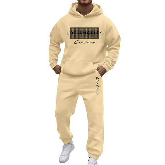 Curuila Sweatsuits Mens 2 Piece Outfit With Pocket Long Sleeve Letter Print Hooded Sweatshirt With Sweatpants Everyday Wear Comfort Tracksuit Size L