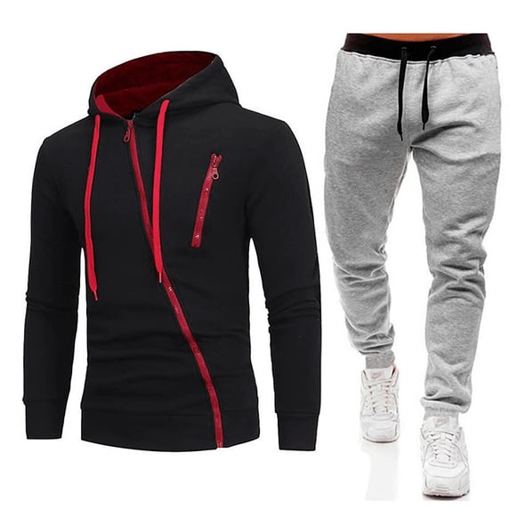 Curuila Sweatsuits Mens 2 Piece Outfit With Zipper Long Sleeve Solid Color Hooded Sweatshirt With Sweatpants Autumn Winter Comfort Tracksuit Size L