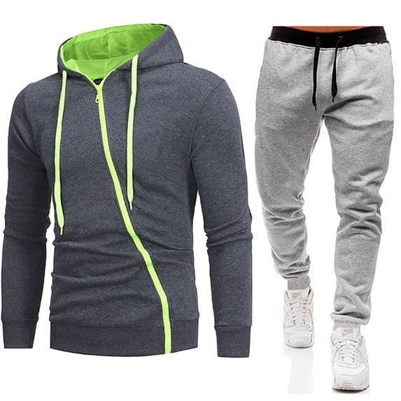 Curuila Sweatsuits Mens 2 Piece Outfit With Zipper Long Sleeve Solid Color Hooded Sweatshirt With Sweatpants Autumn Winter Comfort Tracksuit Size L