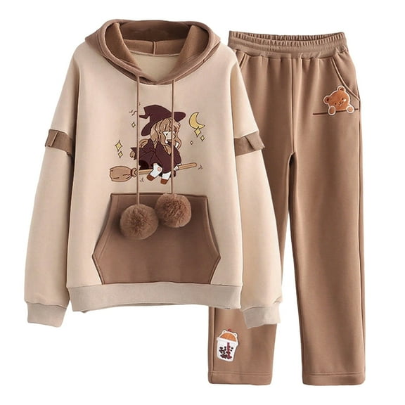 Curuila Teen Girls Boys Two Piece Set Long Sleeve Cartoon Print Hoodie Pullover With Pocket Tops Long Pants Comfort Casual Outfits Suit Beige2 Size 14 Years