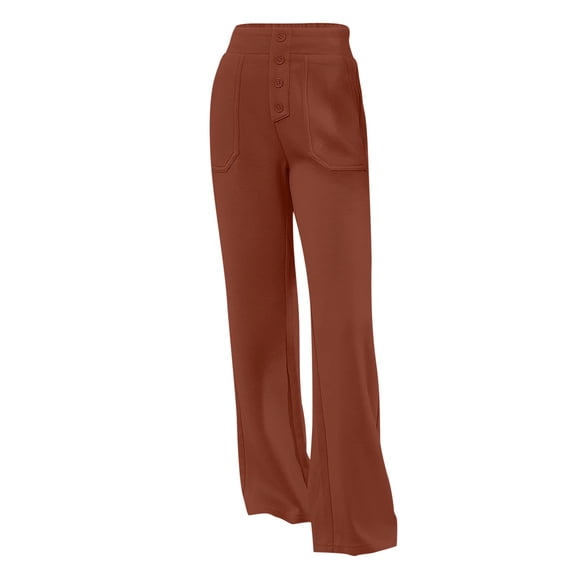 Curuila Teen Girls Straight Pants Solid Color Button Stretchy School Uniform Pants With Pocket Size 5-6 Years Brown