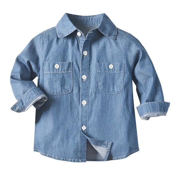 Curuila Toddler Boys Denim Shirt Long Sleeve Solid Color Lapel Button Down Shirts For Boys Loose Fit Casual Tops Blue Size 2-3 Years