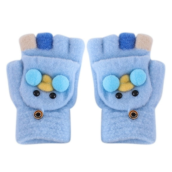 Curuila Toddler Boys Girls Gloves Convertible Flip Top Cute Cartoon Print Winter Warm Knit Thickened Half Finger Mitten Blue Size 8-14 Years