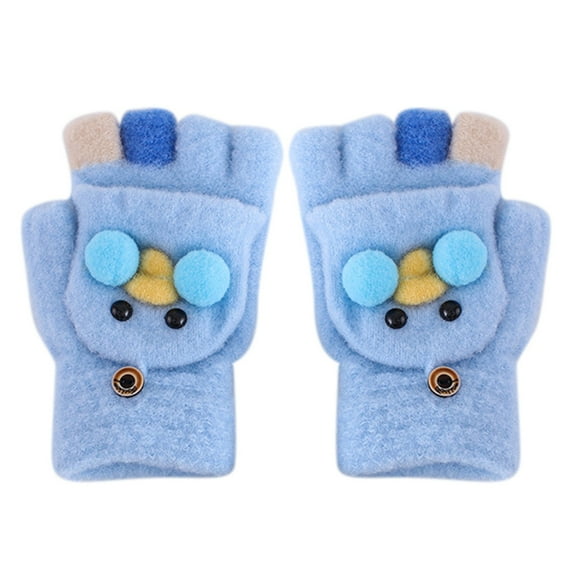 Curuila Toddler Boys Girls Gloves Convertible Flip Top Cute Cartoon Print Winter Warm Knit Thickened Half Finger Mitten Blue Size 8-14 Years