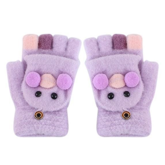 Curuila Toddler Boys Girls Gloves Convertible Flip Top Cute Cartoon Print Winter Warm Knit Thickened Half Finger Mitten Purple Size 8-14 Years