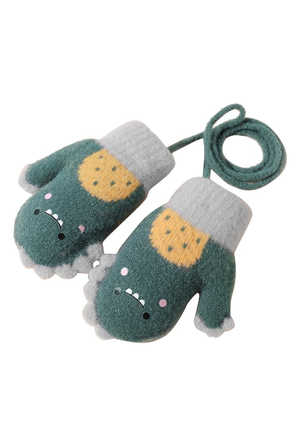 Toddler Boys Girls Gloves Cute Cartoon Dinosaur Print Winter Warm Soft Comfortable Thickened Knit Mitten Green Size 0-4 Years