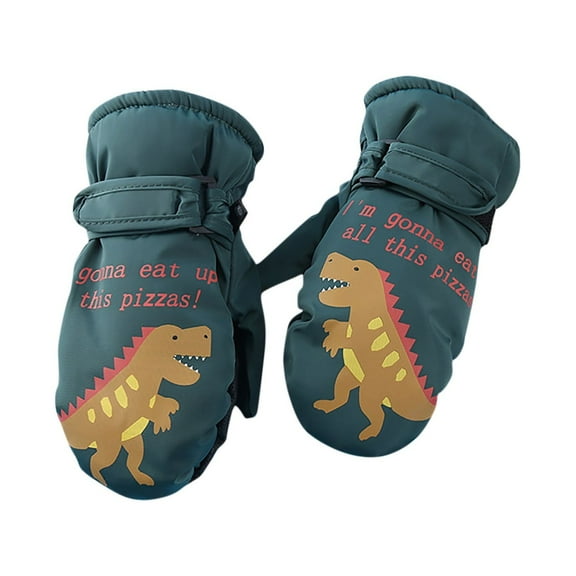 Curuila Toddler Boys Girls Mittens Winter Thick Cartoon Dinosaur Print Windproof Waterproof Comfortable Skiing Soft Warmth Gloves Green Size 10-16 Years