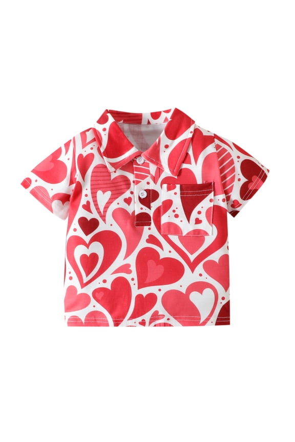 Toddler Boys Girls T Shirt Valentine'S Day Short Sleeve Lapel Heart Prints Kids Tops With Pocket Red Size 18-24 Months