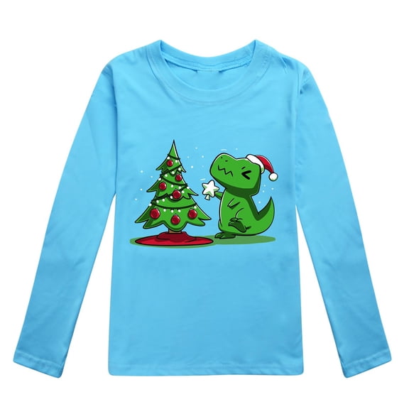 Curuila Toddler Boys Girls Tops Long Sleeve Christmas Cartoon Dinosaur Prints Crew Neck Autumn T Shirt Blue Size 12-13 Years