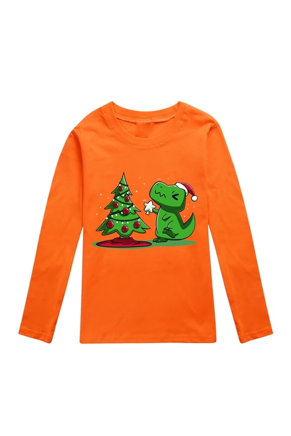 Toddler Boys Girls Tops Long Sleeve Christmas Cartoon Dinosaur Prints Crew Neck Autumn T Shirt Orange Size 2-3 Years
