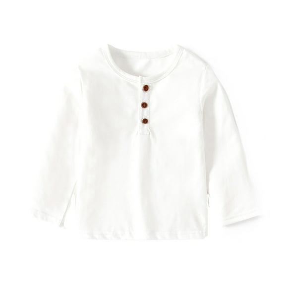 Curuila Toddler Boys Tops Crew Neck Long Sleeve Solid Color Spring T Shirt With Button Closure For Boys Girls White Size 5-6 Years