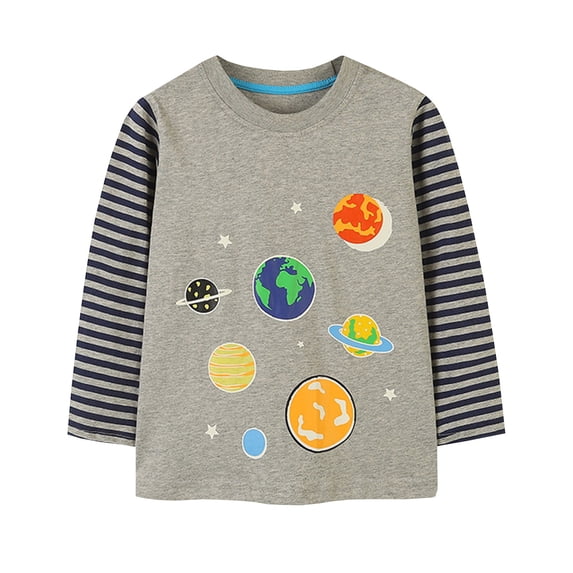 Curuila Toddler Boys Tops Glow In The Dark Long Sleeve Crew Neck Sweatshirt Planet Cartoon Print Pullover Shirts Grey Size 1-2 Years