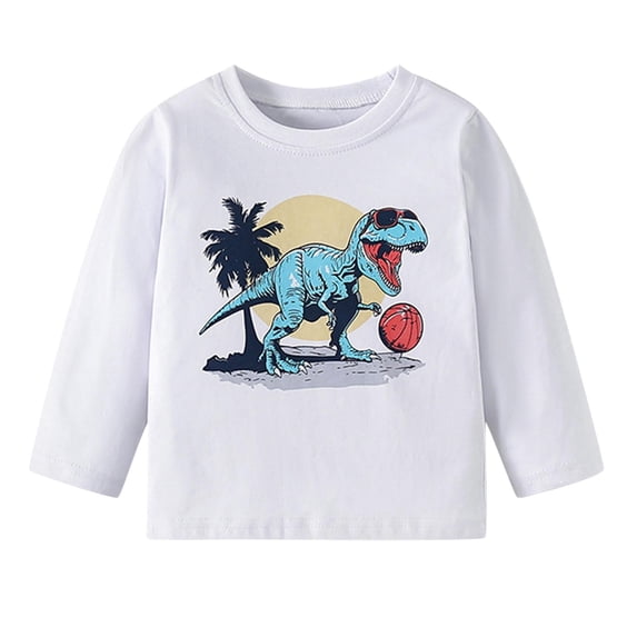 Curuila Toddler Boys Tshirts Long Sleeve Dinosaur Print Crew Neck Pullover For Boys Loose Fit Fashionable Tops White Size 2-3 Years