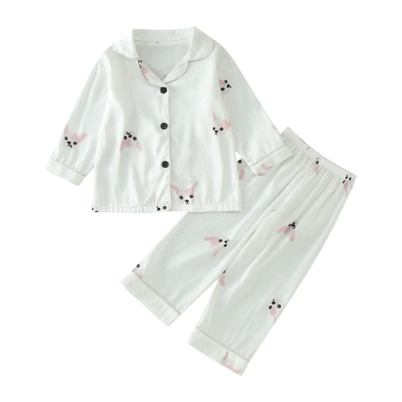 Curuila Toddler Child Girls Pajamas Set Long Sleeve Cartoon Print Lapel Button Down Pjs Tops With Pants Spring Autumn Casual Sleepwear White Size 4-5 Years