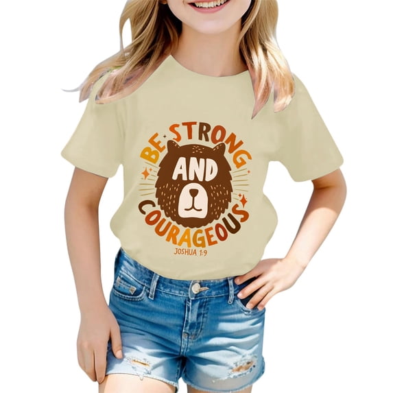 Curuila Toddler Child Girls Tshirt Short Sleeve Cartoon Print Crew Neck Tops For Girls Everyday Wear Comfortable Tee Size 1-2 Years