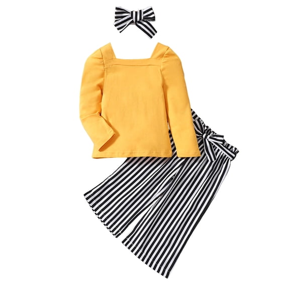 Curuila Toddler Child Girls Two Piece Outfit Long Sleeve Striped Print Square Neck Tops With Pants Spring Autumn Soft Comfort Outfit Set Yellow Size 3-4 Years