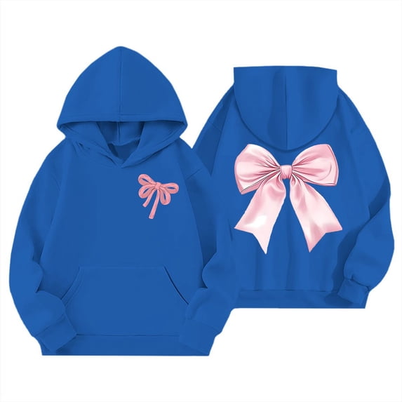 Curuila Toddler Girls Boys Hoodies Bow Cartoon Print Long Sleeve Crew Neck Soft Fashion Warm Pullover With Pocket Autumn Winter Sweatshirt Blue Size 11-12 Years