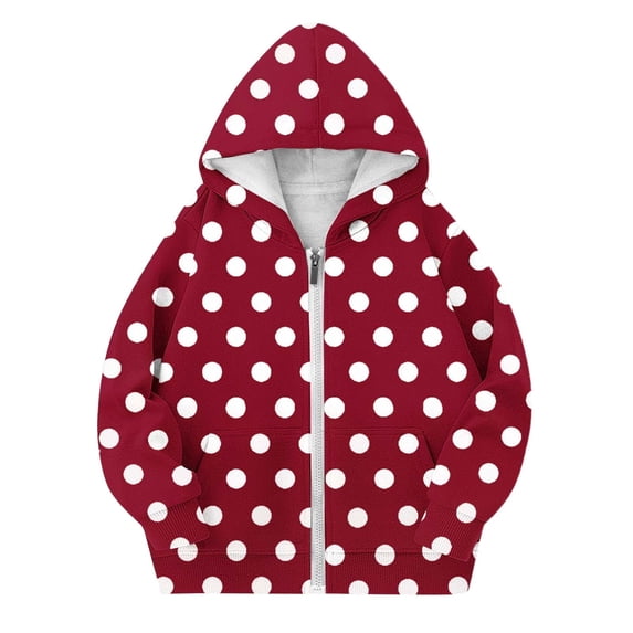 Curuila Toddler Girls Coat Long Sleeve Polka Dots Print Hooded Zipper Spring Autumn Outerwear With Pocket Casual Jacket Brick Red Size 4-5 Years