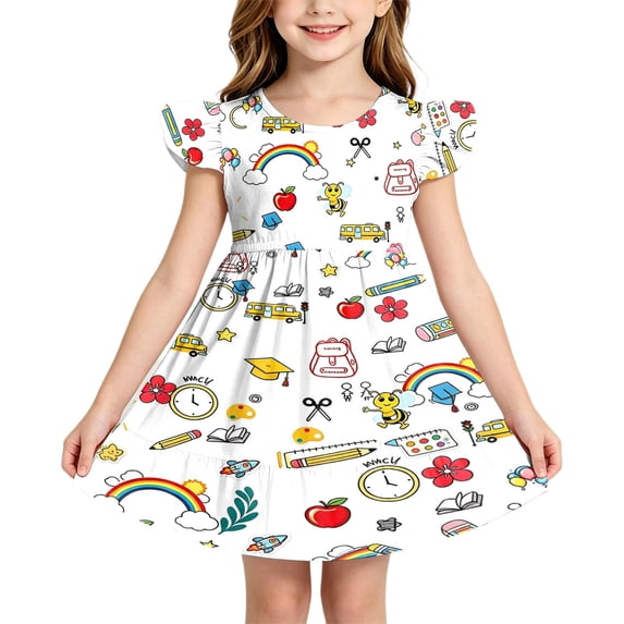 Curuila Toddler Girls Dress Flutter Sleeve Cartoon Print Crew Neck For School Fashionable Dresses Size 3-4 Years