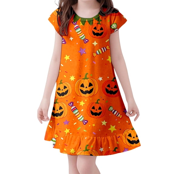 Curuila Toddler Girls Halloween Dress Flutter Sleeve Hallowmas Pumpkin Print Crew Neck For Party Fashionable Dresses Size 3-4 Years